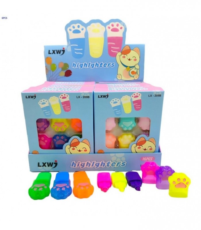 MARCADOR MINI 6PCS NEON PIECITO GATO LX-209B