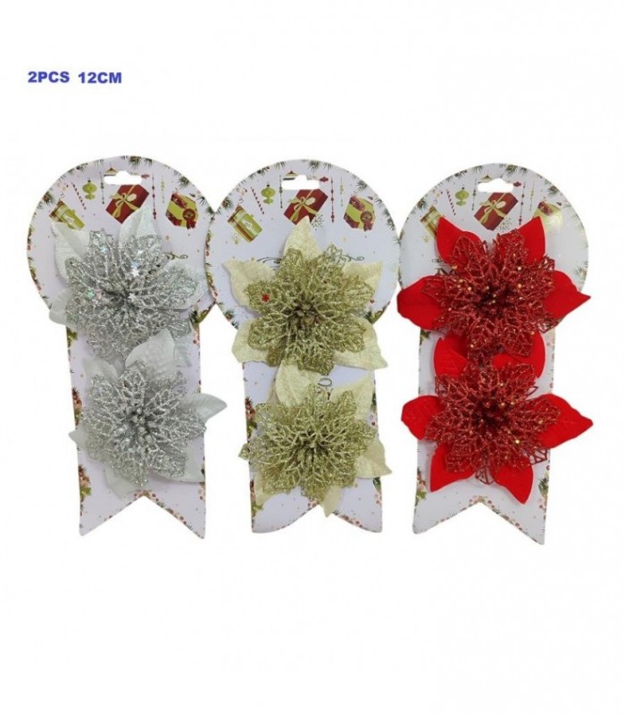 FLOR DE NAVIDAD 2PCS 12CM DOR-ROJO-PLATA 141867
